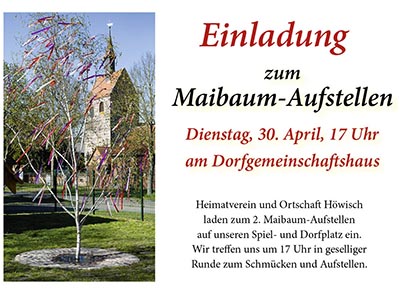 Grafik Terminkalender für Maibaum-Aufstellen in Höwisch mit Foto geschmückter Maibaum und im Hintergrund Dorfkirche Höwisch